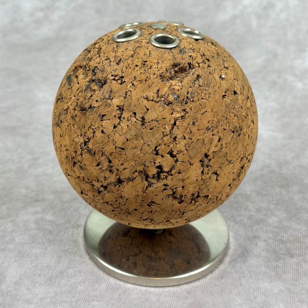 Vintage 60's Cork Sphere Pen Holder Chrome Base Mid Century Modern Desk Deco